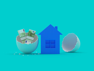 Blue house icon made from broken eggshell with euro banknotes. 3d illustration