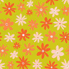 Fototapeta na wymiar Cute retro floral seamless repeat pattern. Vintage, vector calico flower heads all over surface print on lime green background.