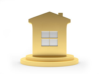 Golden house icon on a stand. 3d illustration