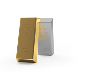 The gold and silver bars stand upright. 3d illustration