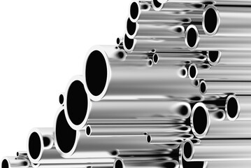 A pile of metal pipes of various diameters. 3D illustration