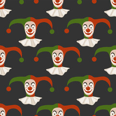 Seamless vector pattern with a clown. Funny clown in a multicolored hat on a dark background.