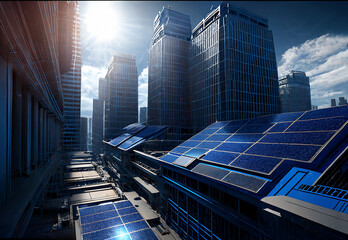 Plakat Large city with photovoltaic panels. AI generative.