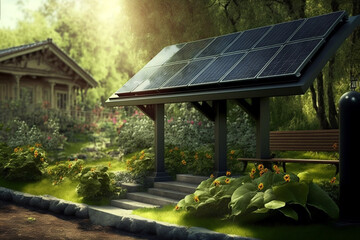 A photovoltaic system in the garden. AI generativ.