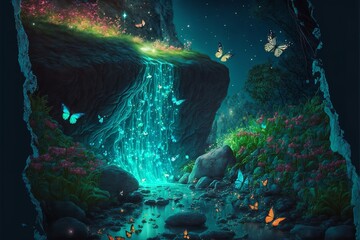 Fototapeta na wymiar Fairy forest at night, fantasy glowing flowers and lights. Generative AI