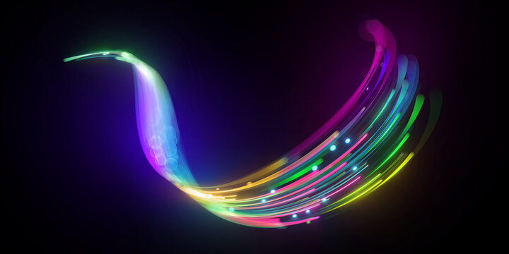 3d rendering, abstract background with unfocussed glowing neon wave, curvy lines and bokeh lights. Blurry colorful wallpaper