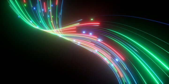 3d render, abstract background with colorful neon glowing wavy lines. Modern wallpaper