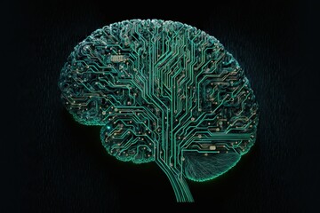 Artificial Intelligence: human brain connected to the micro-chip and circut board (AI generated)
