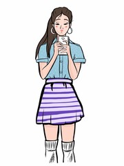 Girl with a phone in her hand makes a photo ,in front of the mirror, selfie, color fashion illustration