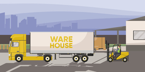 Warehouse storage worker on cargo forklift load goods in cardboard boxes at pallet to logistics lorry truck into delivery. Outdoor storehouse building in cityscape on background. Vector illustration