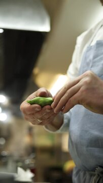 the chef prepares dumplings in the restaurant. Ukrainian cuisine

