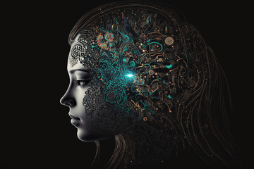 AI, Machine learning, Head of a humanoid robot on black background, Science and artificial intelligence technology, innovation and futuristic. Generative AI