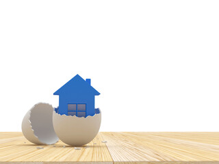 Blue house icon in a white broken eggshell. 3d illustration