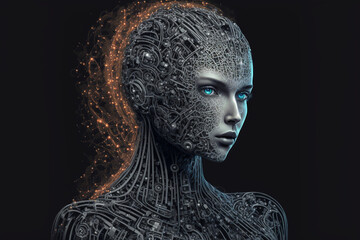 AI, Machine learning, Head of a humanoid robot on black background, Science and artificial intelligence technology, innovation and futuristic. Generative AI