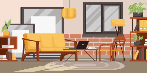 Lounge room interior banner. Modern cozy apartment style with furniture, sofa, armchair and floor plant, lamp near bookshelf. Yellow color design in comfortable hotel room. Flat Vector illustration