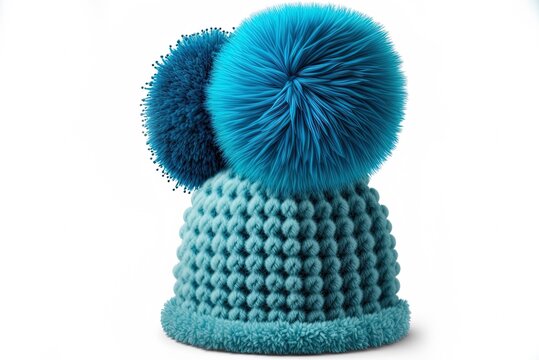 illustration of a knitted coral-colored hat with a blue pompon used alone in design or as part of a larger, cozier winter scene. Generative AI