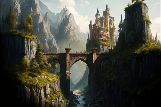 A bridge over a river with a fantasy castle in the distance, Generative AI