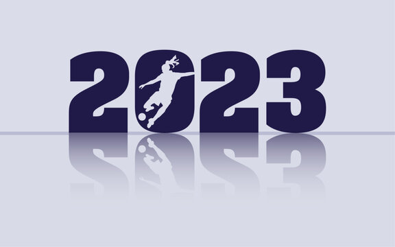 Frauen Fußball 2023 als Vektor Grafik. Das Symbolbild zeigt die Jahreszahl, eine Frauenfußball Fußballspielerin und einen Schatten.