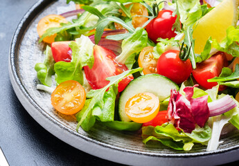 Fresh spring vegan vegetables salad with colorful cherry tomatoes, cucumber, red onion, lettuce, radicchio and arugula. Dark table background, top view