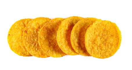 Chips tikka masala flavor, spicy taste isolated on white, top view 
