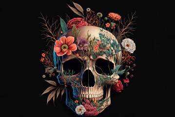 design depicting a skeleton surrounded by blooms Generative AI - obrazy, fototapety, plakaty