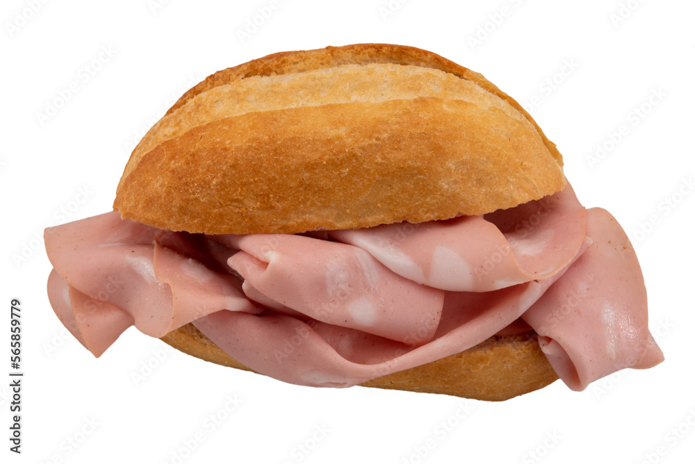 Poster Stuffed bun with mortadella, italian typical sausage of Bologna, sandwich cut out on transparent