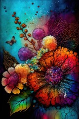 Plakat Une fusion fleurs et feuilles entre pointillisme et encre à alcool. Ambiance vibrante et lumineuse. Idéal comme fond d'écran.