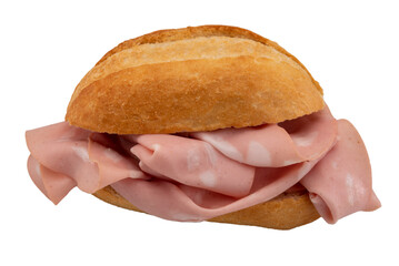 Stuffed bun with mortadella, italian typical sausage of Bologna, sandwich cut out on transparent - obrazy, fototapety, plakaty