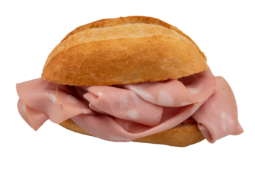 Stuffed bun with mortadella, italian typical sausage of Bologna, sandwich cut out on transparent
