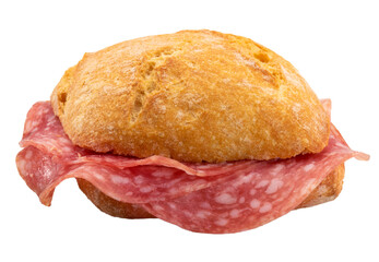Sandwich with salami sausage , durum wheat semolina bread with salami slices, cut out