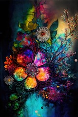 Fototapeta na wymiar Une fusion fleurs et feuilles entre pointillisme et encre à alcool. Ambiance vibrante et lumineuse. Idéal comme fond d'écran.