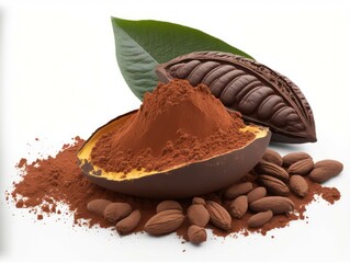 Cocoa seeds 3d illustration isolated on white background. Chocolate. Generative AI.