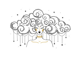 Astrology female character, witch line tattoo, sacred femininity, zodiac sign. Mystical girl with cloudy hair. Modern vector illustration isolated on white background.