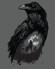 Raven and wolf that howls at the moon.  Black and white drawing