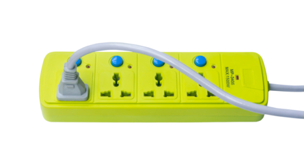 Top view of green socket and white electric power plug with line isolated on white background with clipping path in png file format, Concept of power use in residence, office or home with safety 