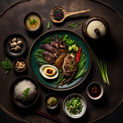 top view of fresh and delicious chinese food on a dark background