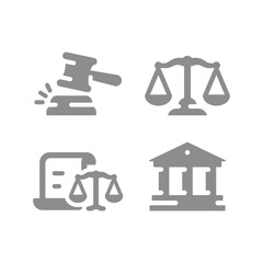 Law and legal or court filled icon set. Courthouse, justice scales and hammer fill icons.