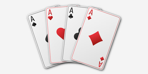 Fan of four cards ace of different suits. Hearts, spades, diamonds, clubs. Realistic playing cards.  illustration isolated on white background.