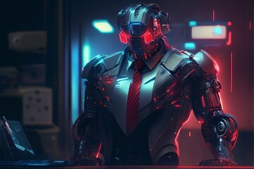 Fototapeta premium An anthropomorphic robot in a suit with a tie in the office at the workplace