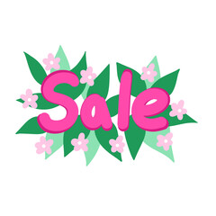 Hand drawn illustration of sale business discount sign, pink flowers green leaves. Commercial marketing advertising sticker in trendy style colors, decorative bckground drawing.
