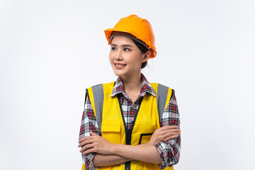 Fototapeta na wymiar Happy Asian woman engineer and safety helmet with arms crossed isolated on white background.