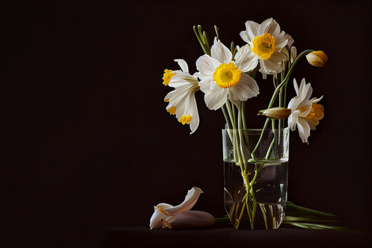 a bunch of daffodils, Narcissus pseudonarcissus, in glass vase, generative AI.