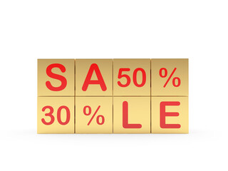 Sale 30 and 50 percent on gold cubes. 3D illustration