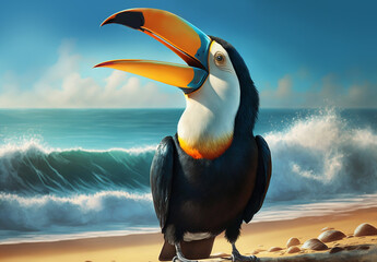Toucan bird portrait on a beach. AI generated
