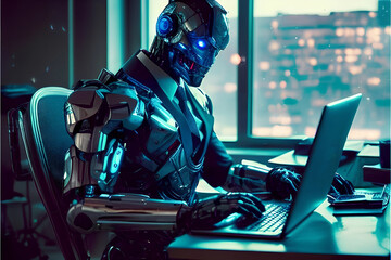 An anthropomorphic robot in office suit with laptop at the workplace