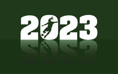 Fútbol femenino 2023 como gráfico vectorial. La imagen del símbolo muestra el año, una jugadora de fútbol femenino y una sombra.