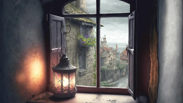 窓から眺める雨とランタン 窓 ファンタジー 中世ヨーロッパ ループ シームレス