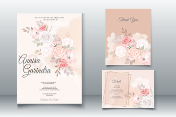 Beautiful roses floral frame wedding invitation card template Premium Vector