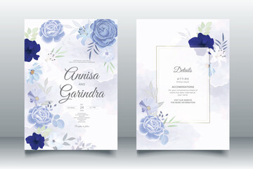 Naklejka na ściany i meble Beautiful blue floral frame wedding invitation card template Premium Vector