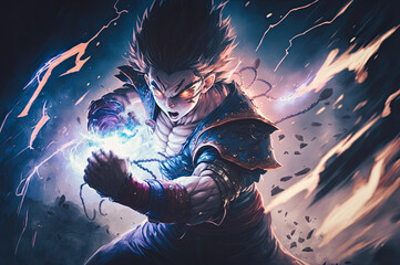 An Anime Warrior Charging For A Big Hit. Generative AI Illustration